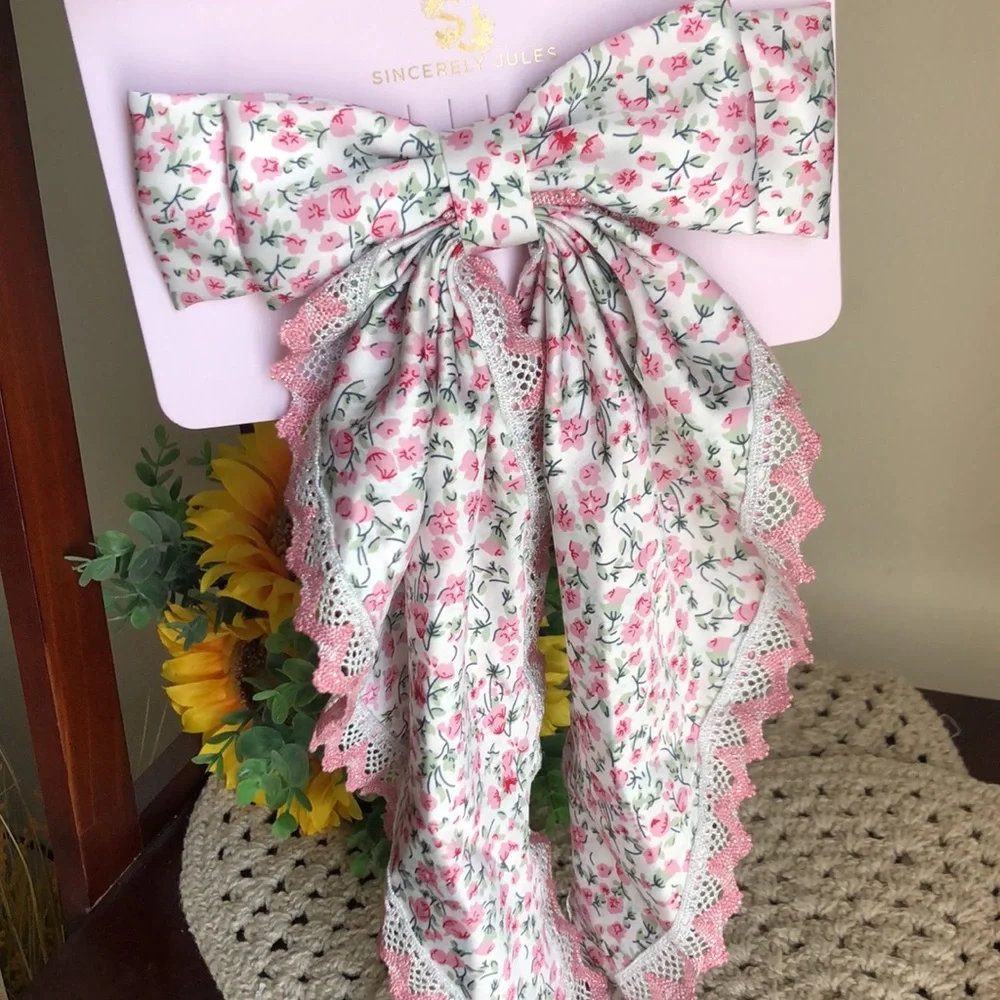 Sincerely Jules Large Floral Hair Bow with Pink Lace Trim